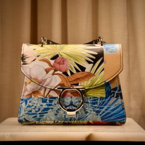 blue and brown floral leather handbag